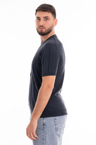 MARKUP CREW NECK SHORT SLEEVE T-SHIRT WITH RIBBED LINEN AND COTTON BLEND MK690029 BLUE