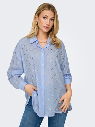 ONLY CAMICIA JULIE MANICA LUNGA CON FANTASIA A ROMBI TRAFORATI DONNA (Bright White MEDIUM BLUE) 15334071 BGW